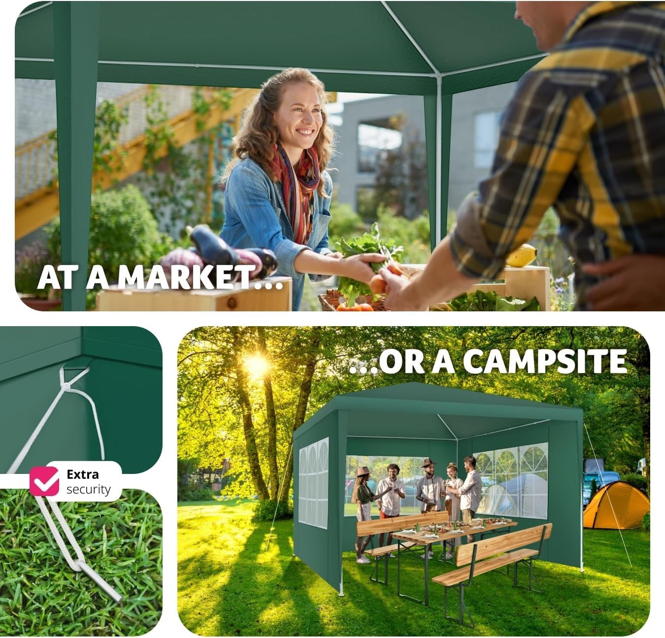 3x3m Green Garden Gazebo Waterproof UV Shelter w/ 3 Side Panels Steel Frame