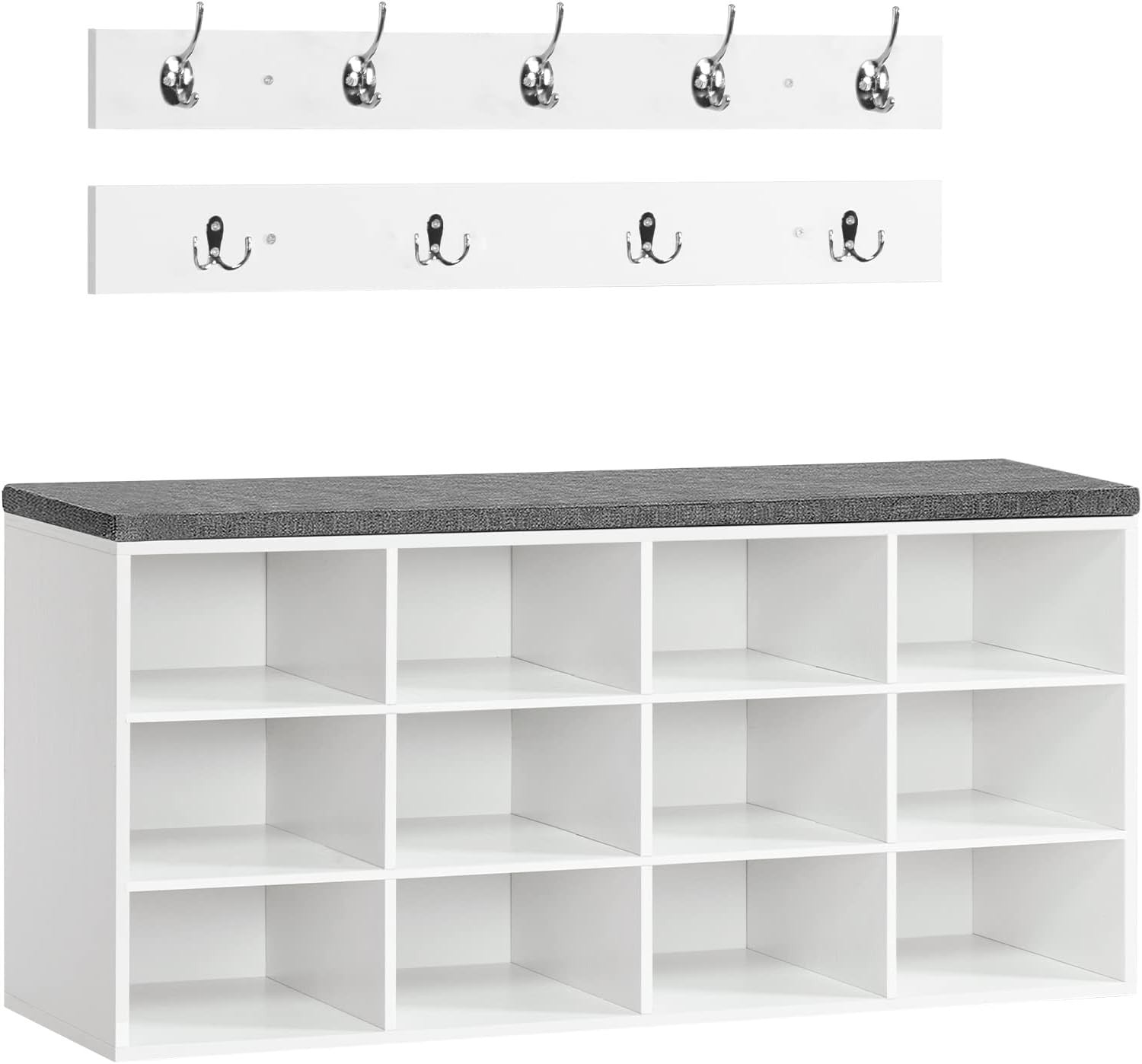 Shoe Storage Bench with Cushion & Hooks, 12 Cubbies, 100cm Hallway Rack
