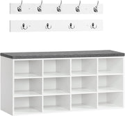 Shoe Storage Bench with Cushion & Hooks, 12 Cubbies, 100cm Hallway Rack