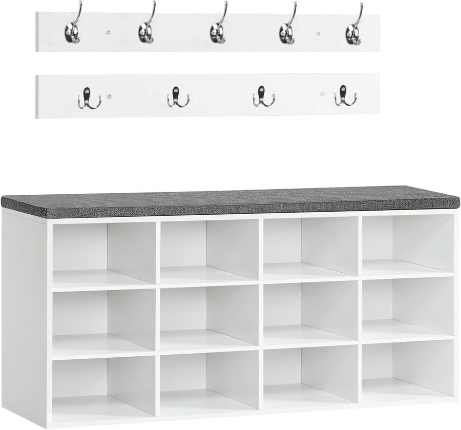 Shoe Storage Bench with Cushion & Hooks, 12 Cubbies, 100cm Hallway Rack