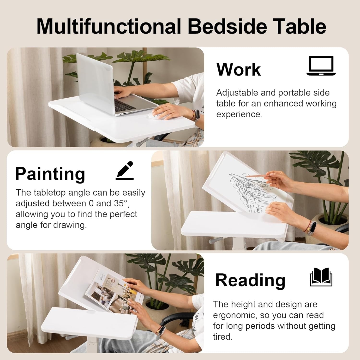 Overbed Laptop Table Height Adjustable Rolling Desk C Shape Tilt Top White