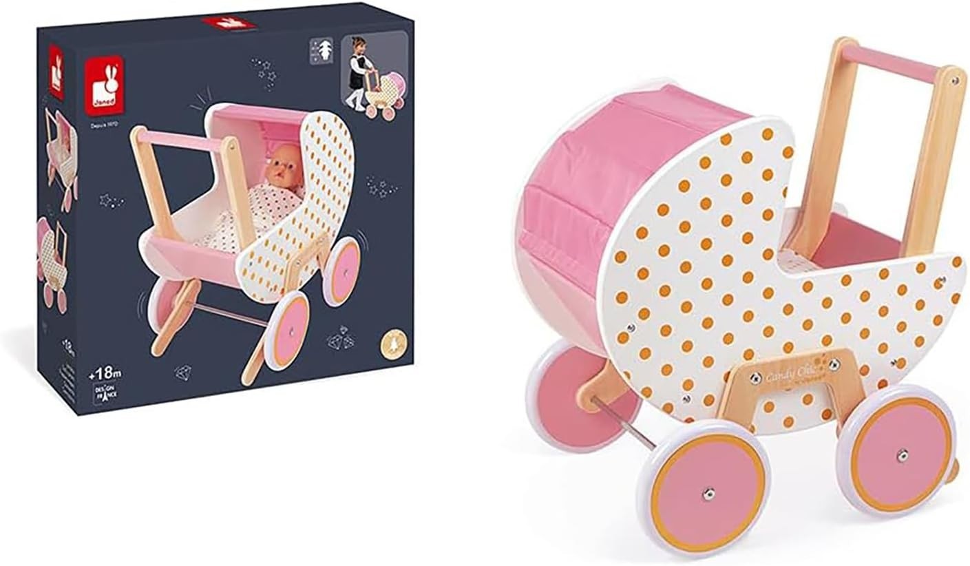 Wooden Candy Chic Doll Pram Pink/White with Pillow & Blanket Quiet Rubber Wheels
