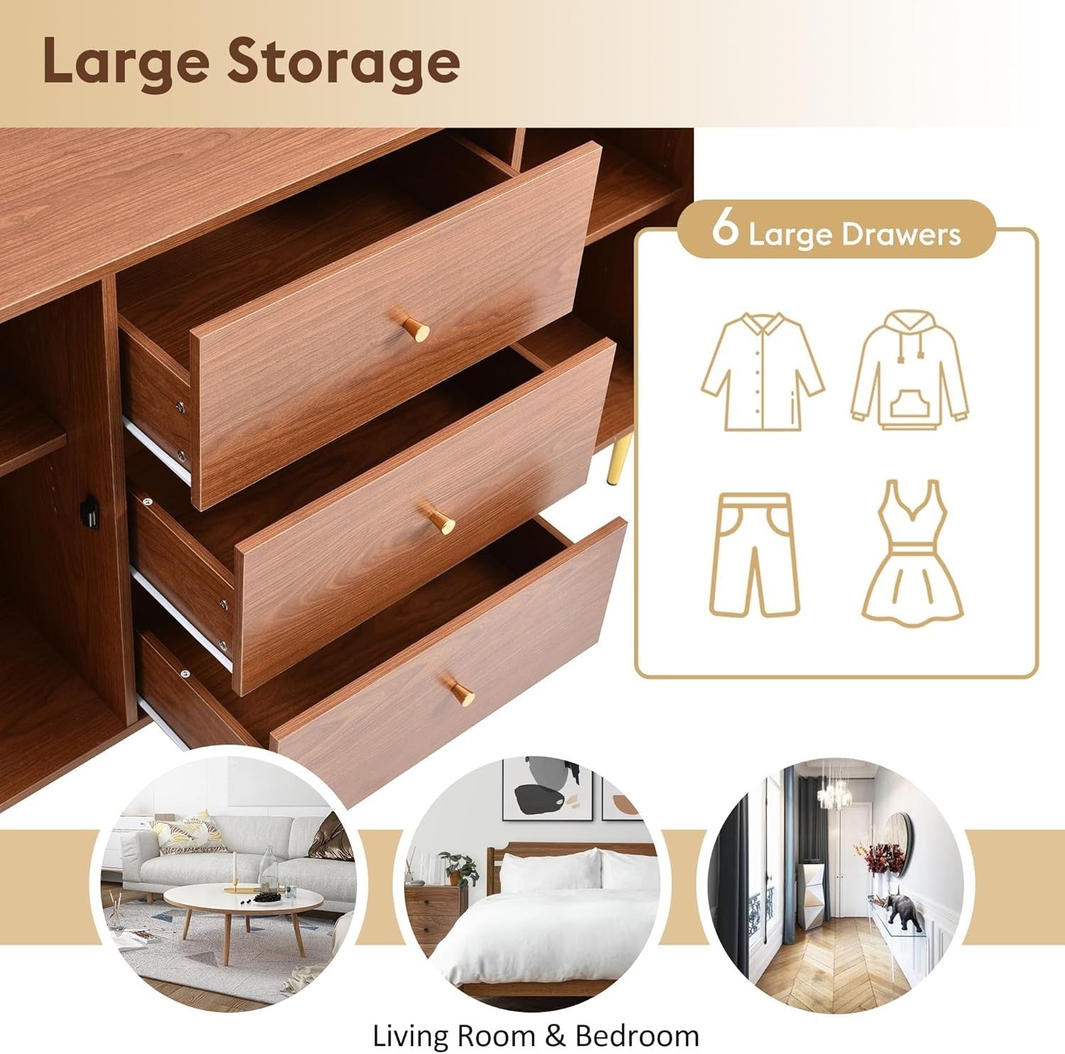 Modern Walnut Sideboard Cabinet Rattan Doors 3 Drawers Storage Unit