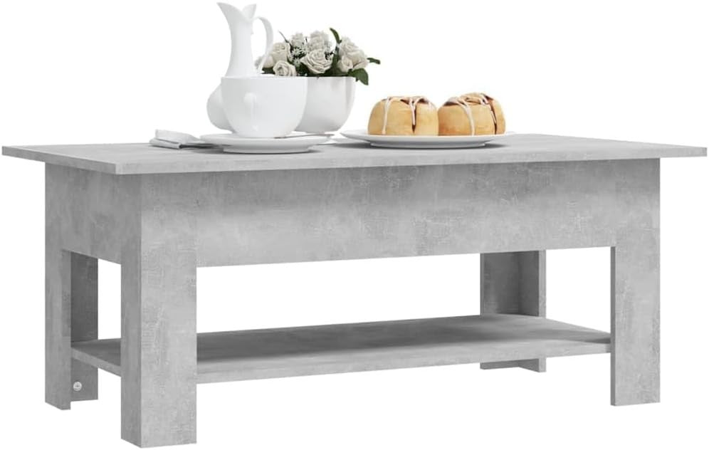 Modern Concrete Grey Coffee Table with Storage Shelf – Sleek Space-Saving Design