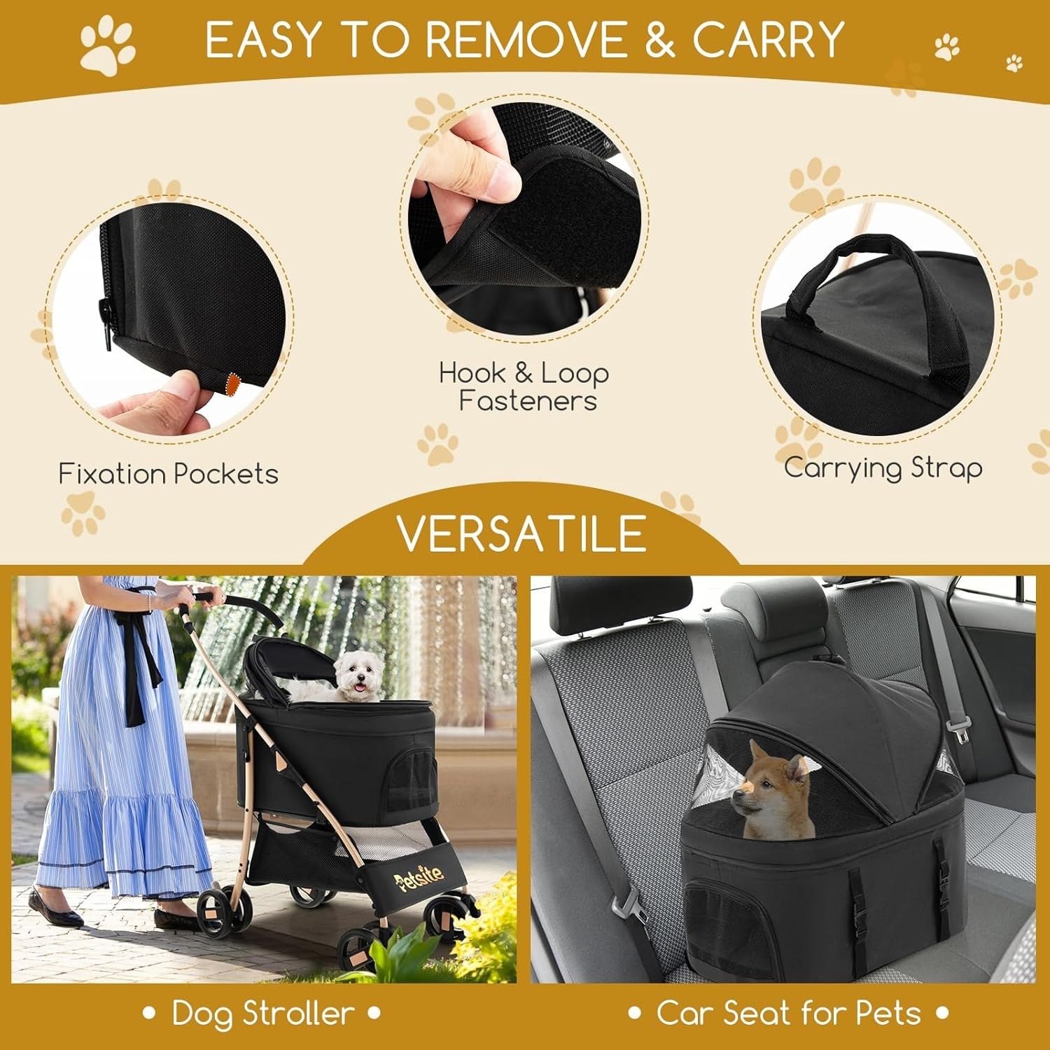 3 in 1 Pet Stroller Folding Dog Cat Pushchair Detachable Carrier 4 Wheel