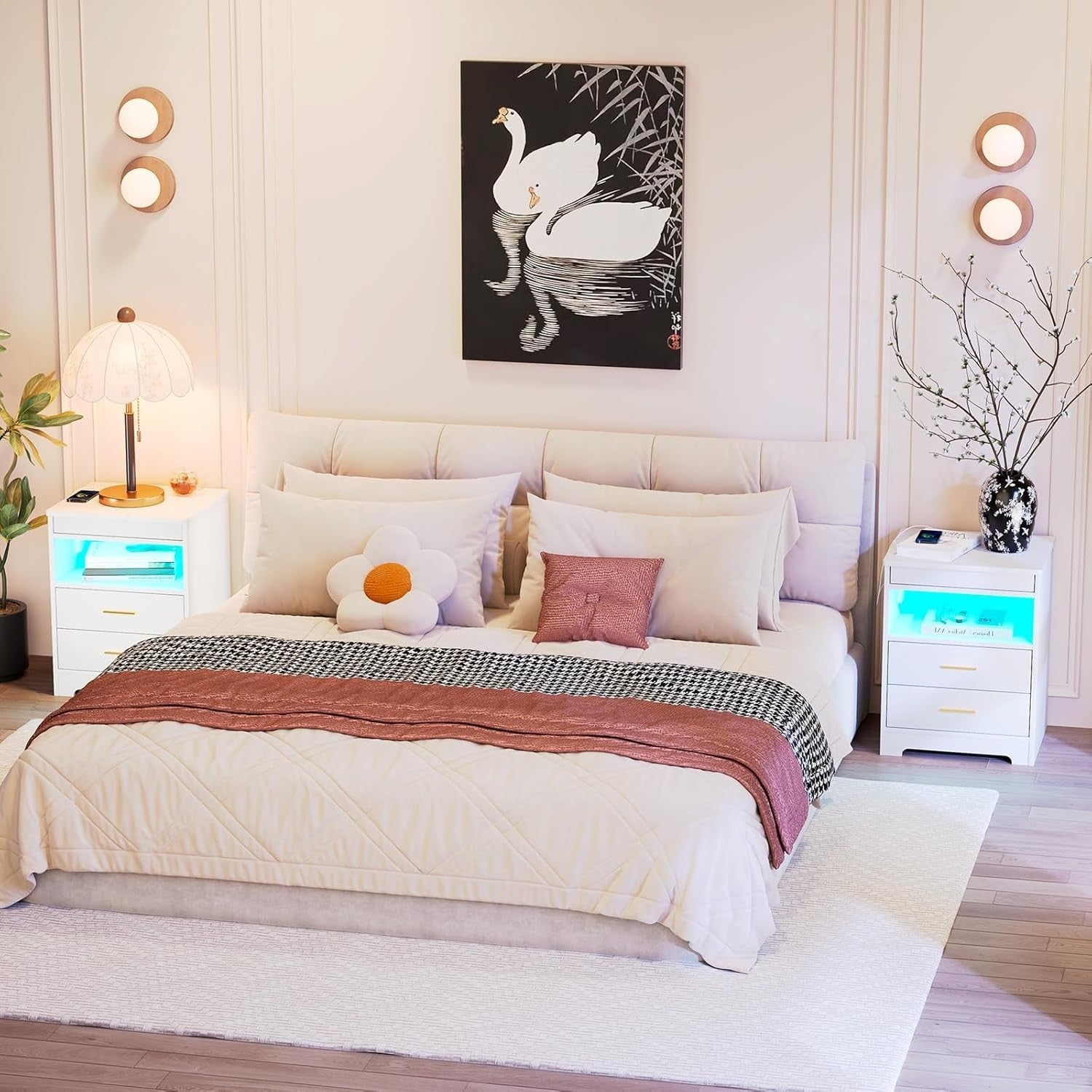 White LED Bedside Table with USB Charging Ports, Lockable Drawers & RGB Lights