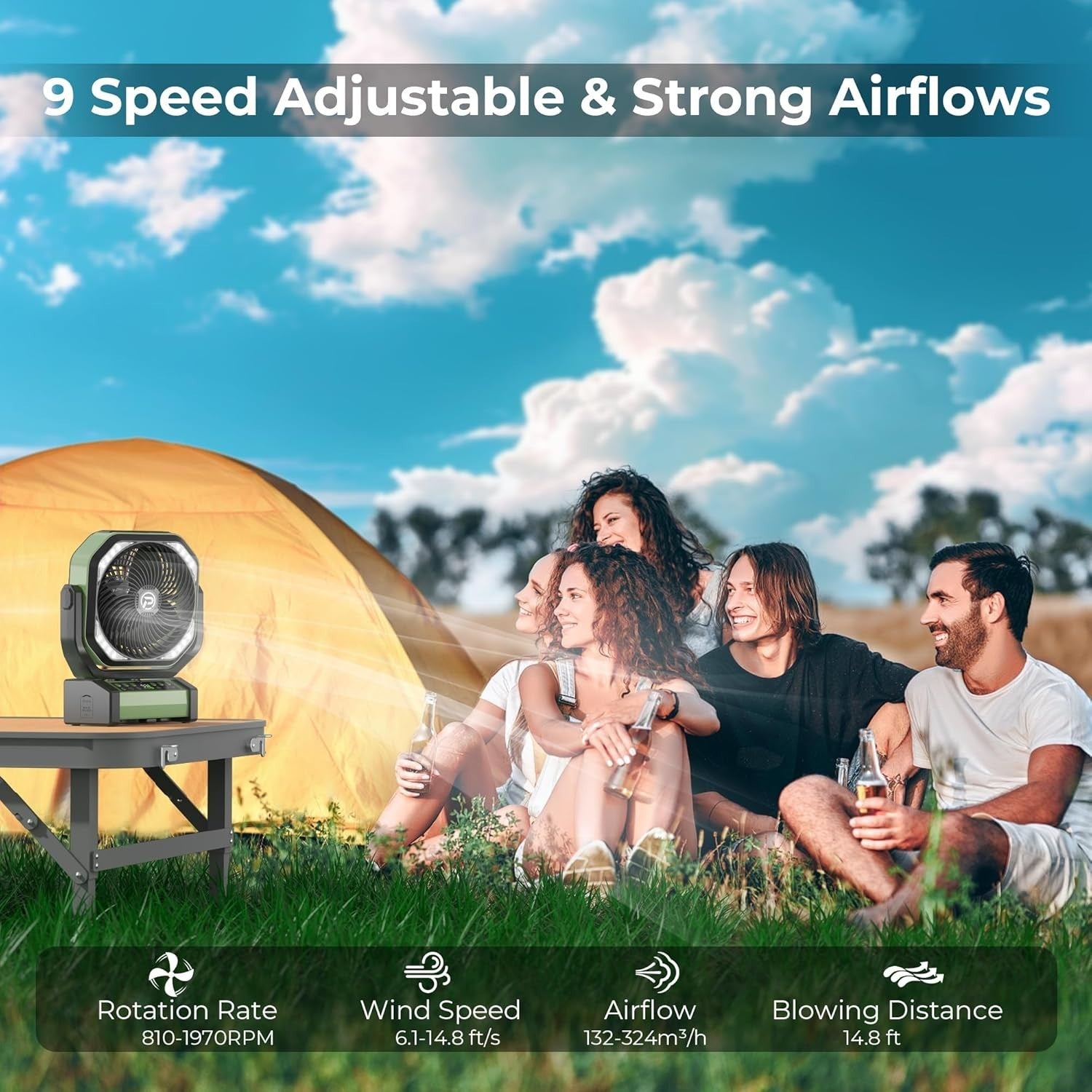 Green Camping Fan – 20000mAh Rechargeable w/ LED Light, 9 Speeds & Remote Timer