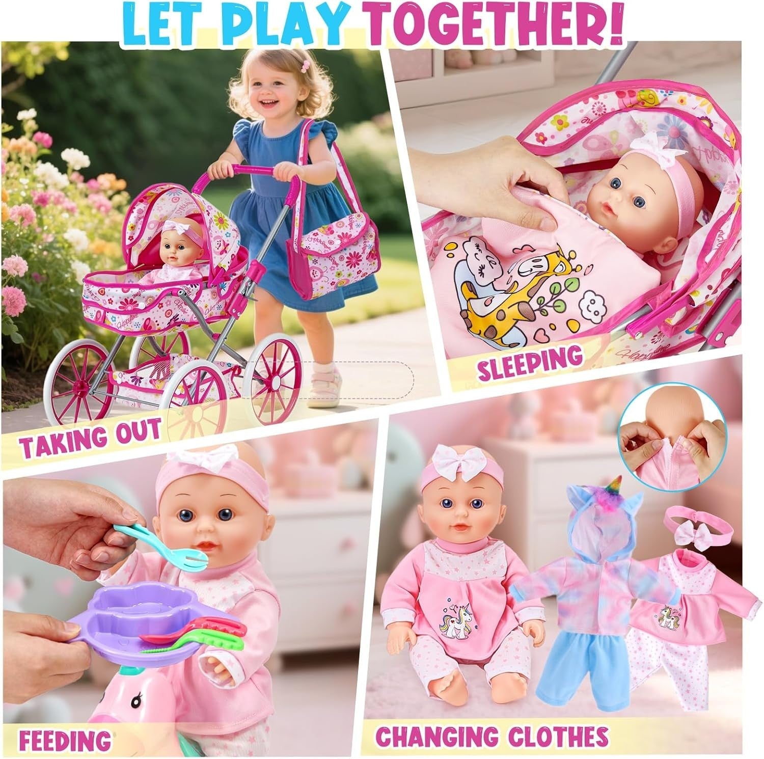 Baby Doll Playset w Stroller Rocking Horse Clothes Feeding Accessories