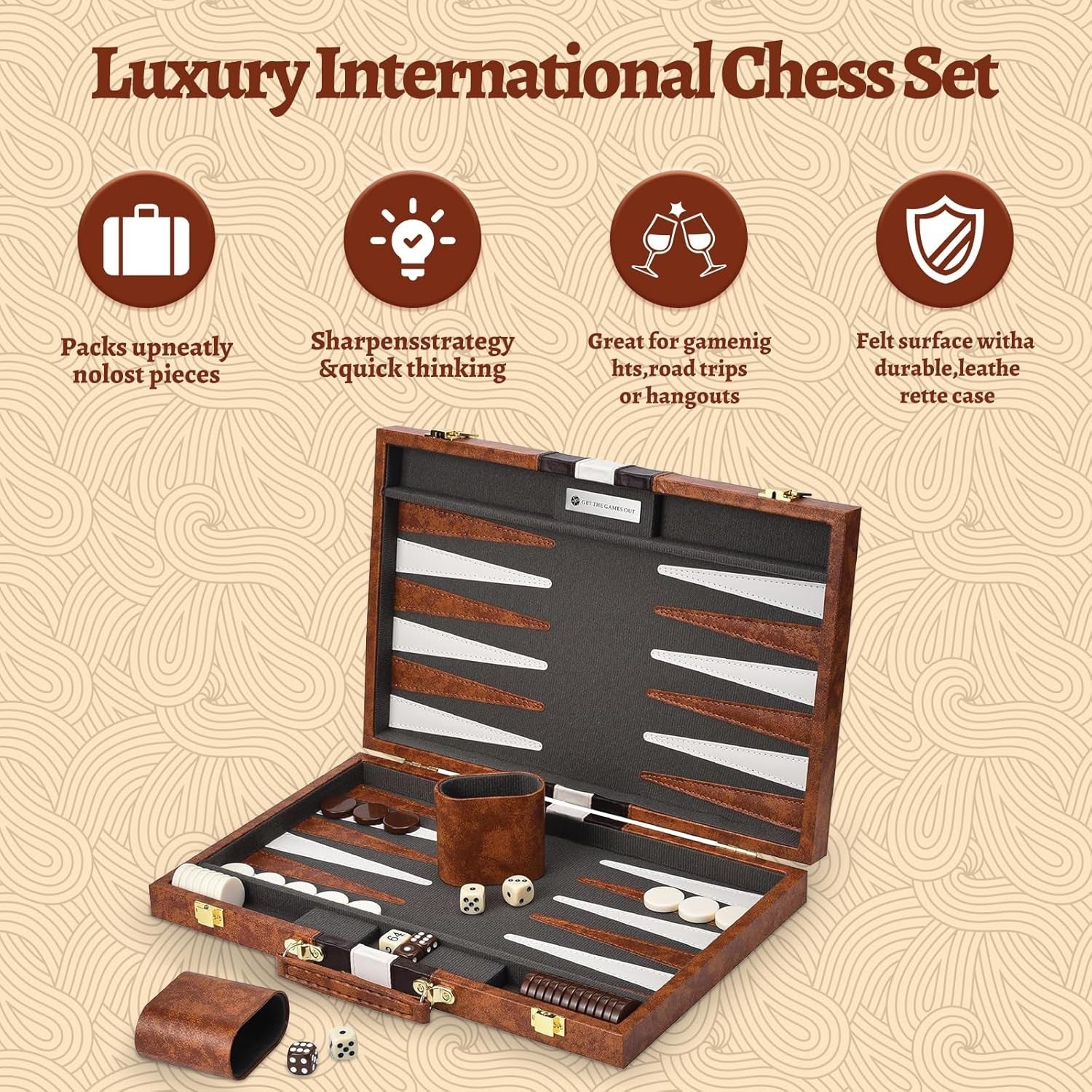 Backgammon Set 11 Inch Leather Case Portable Travel Board Game Wooden Cups