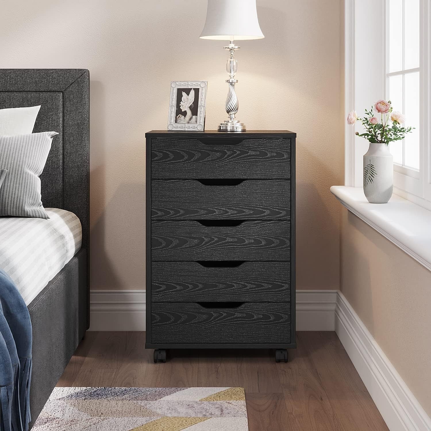 5 Drawer Mobile Filing Cabinet with Wheels Office Storage Chest Black