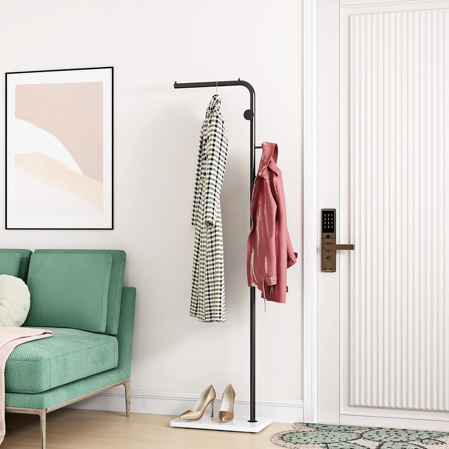 Modern Freestanding Coat Rack Black Metal with White Base – 3 Hooks Entryway