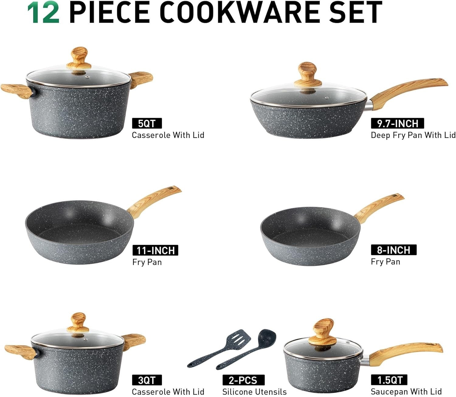 12pc Grey Non Stick Cookware Set Induction Ready Pots Pans with Lids & Utensils