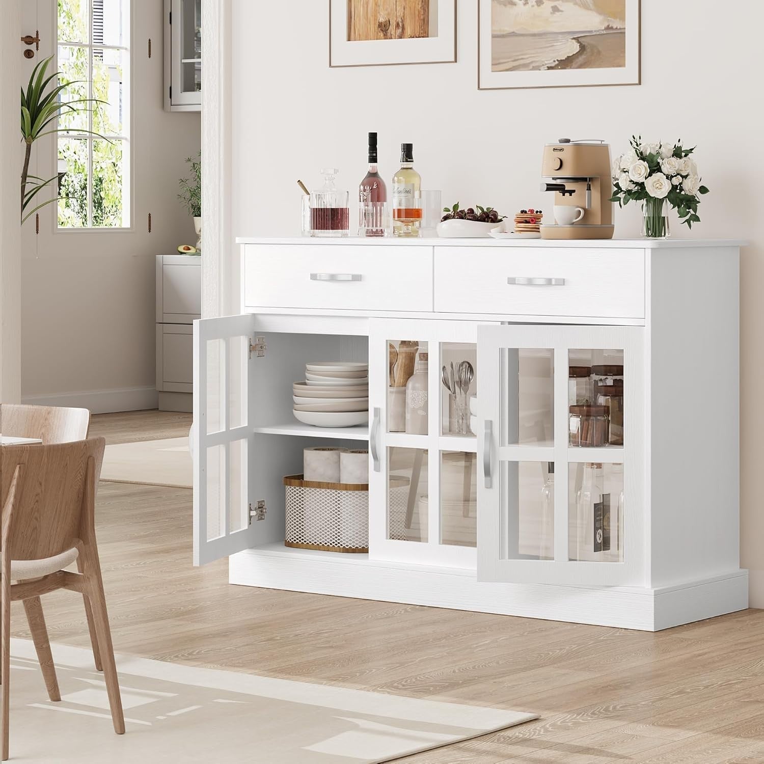 White Sideboard Cabinet Glass Doors Storage Unit with Drawers Shelves
