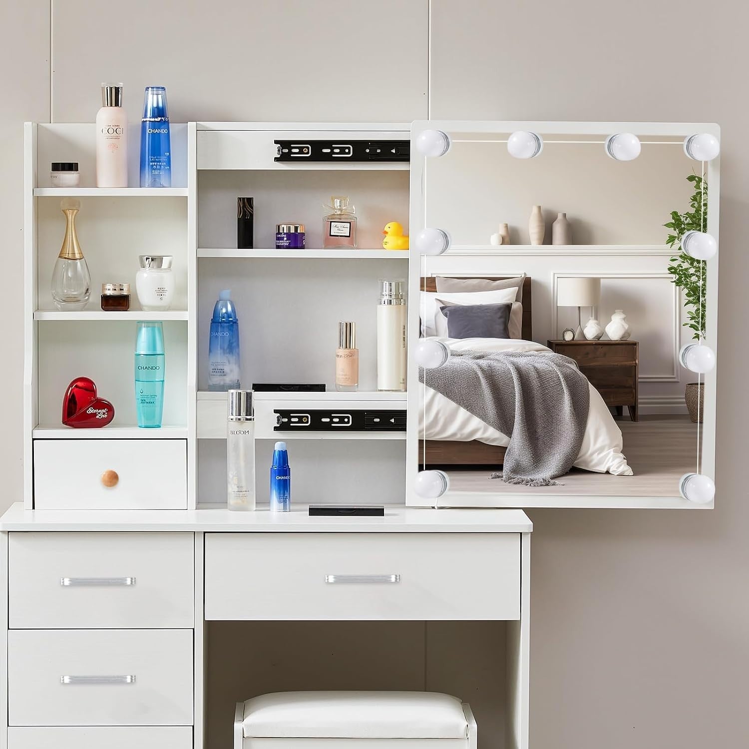 Vanity Makeup Dressing Table with 3-Color LED Mirror, 6 Drawers & Stool White