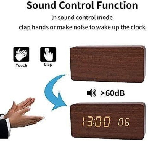 Wooden LED Digital Alarm Clock Silent Bedside Snooze Temperature