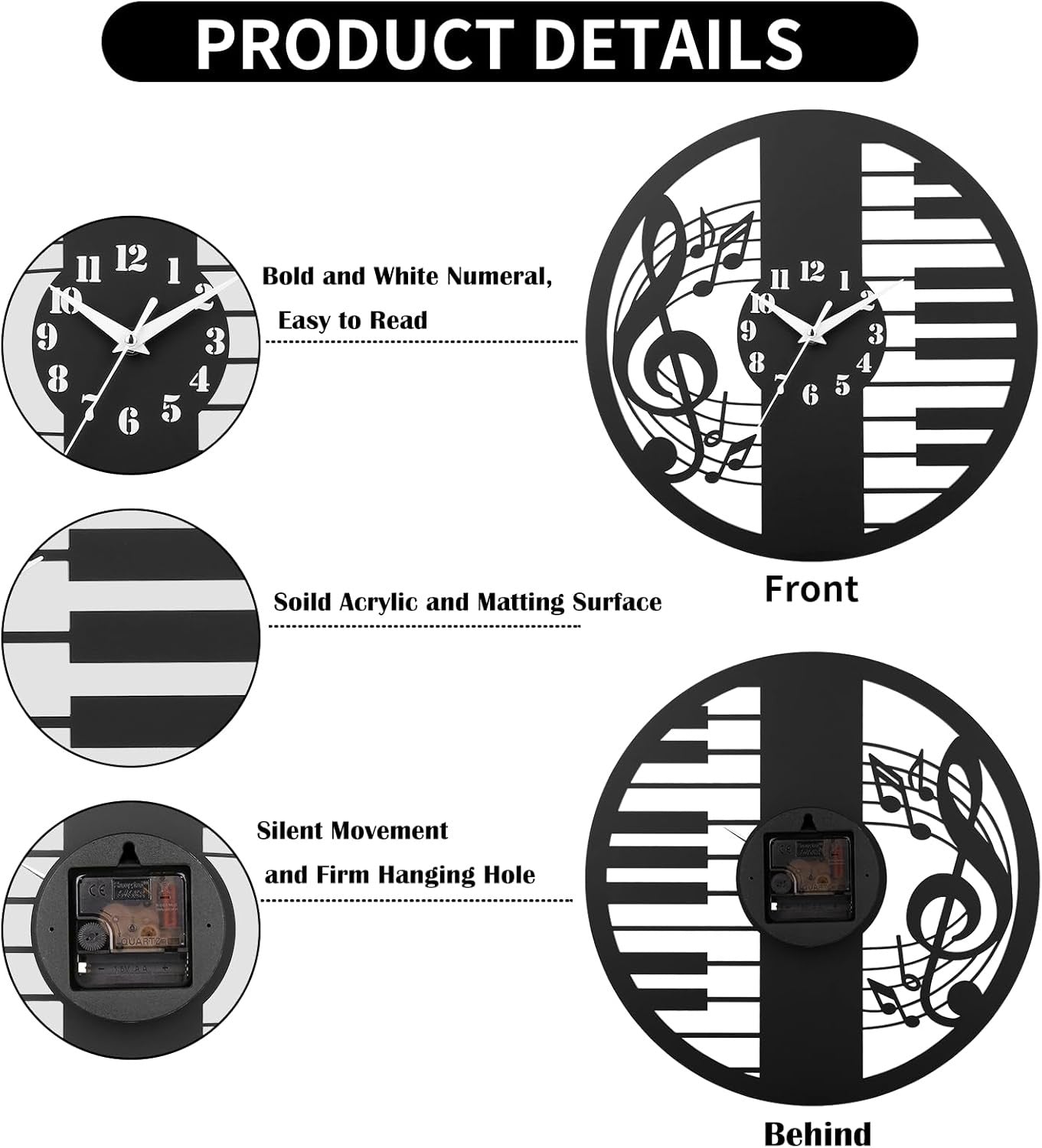 Music Note & Piano Key Wall Clock – Modern Silent Quartz 12" Acrylic Decor