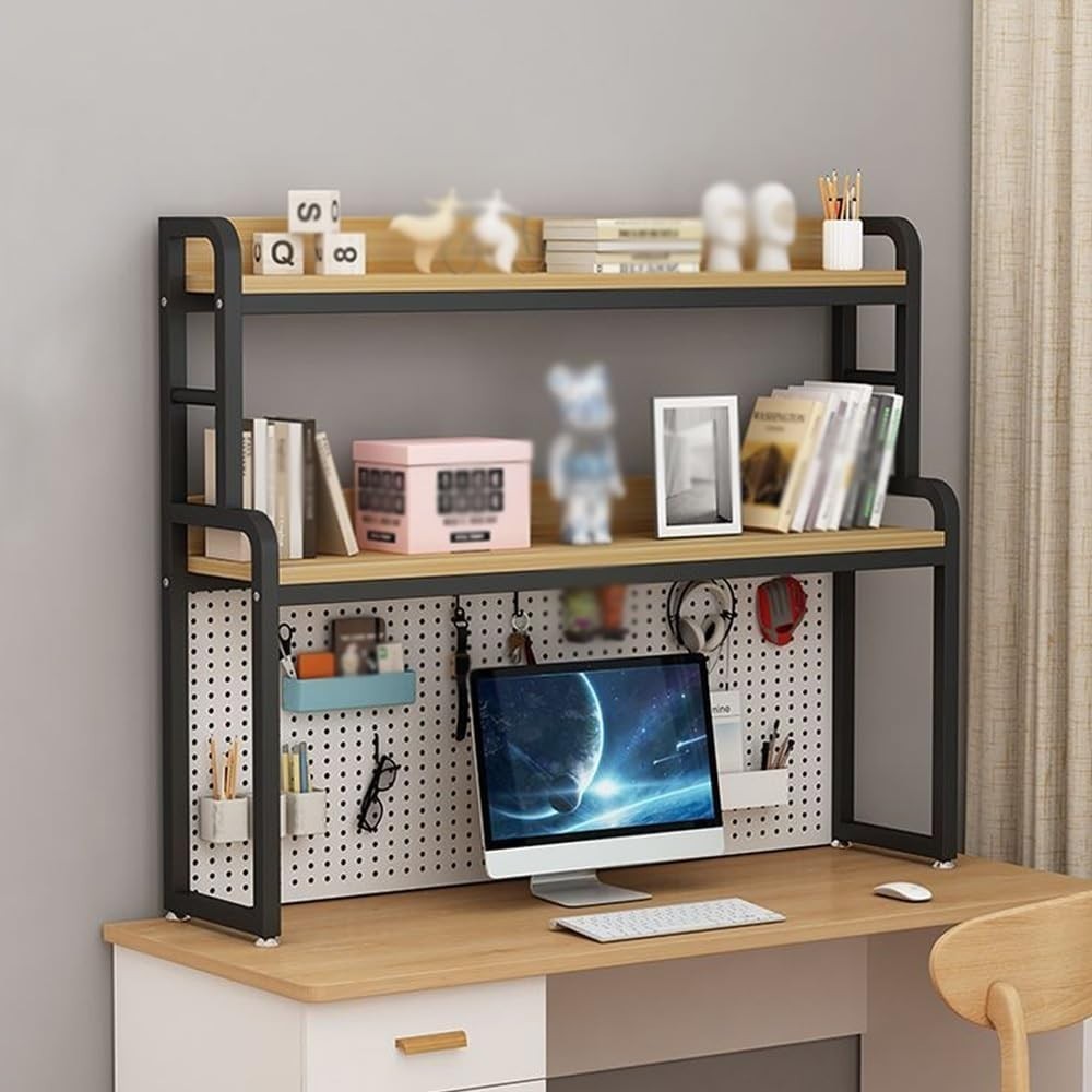 116cm Black Desktop Bookshelf 2-Tier Desk Hutch Industrial Storage Organizer