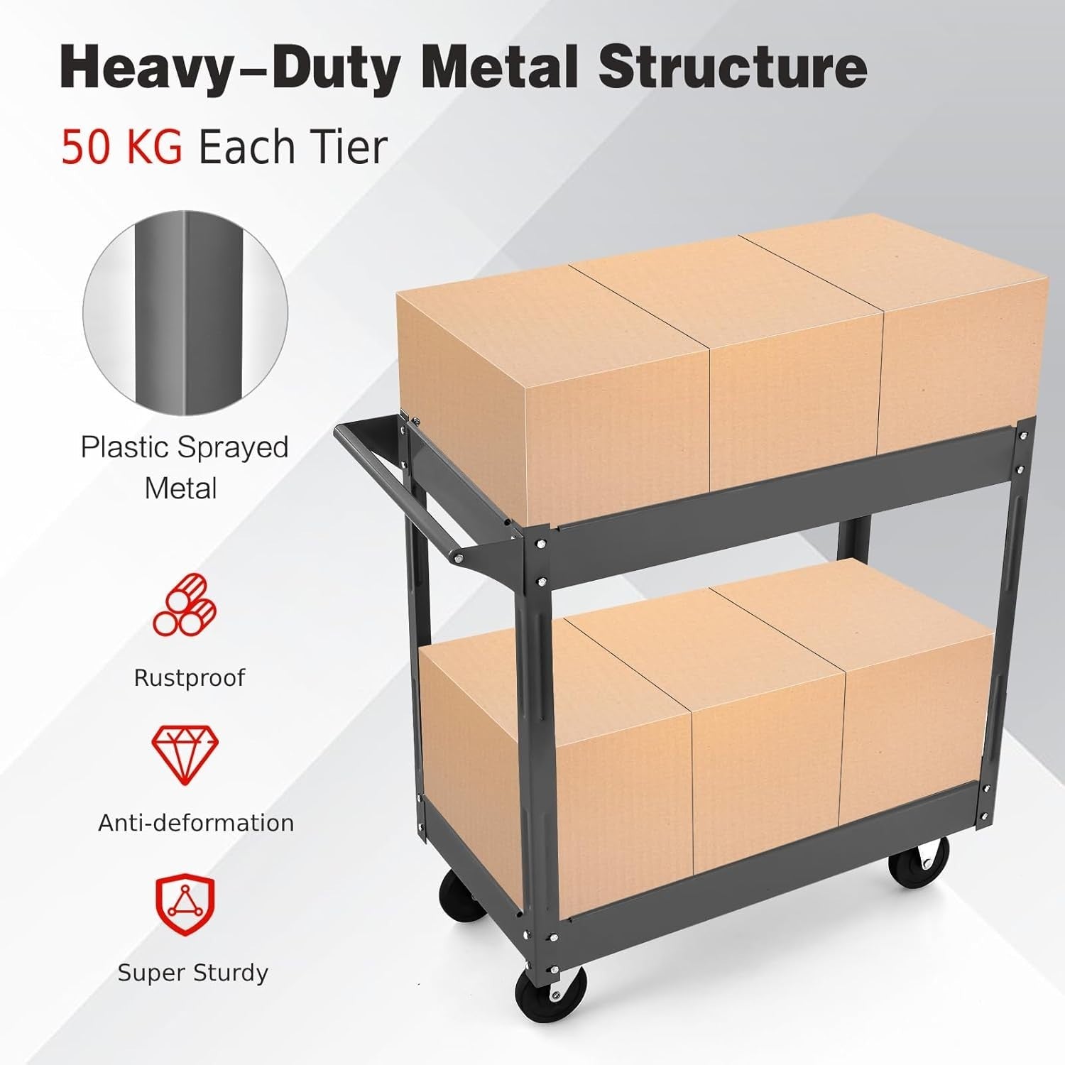 2 Tier Rolling Utility Trolley Heavy Duty Storage Cart with Wheels Black