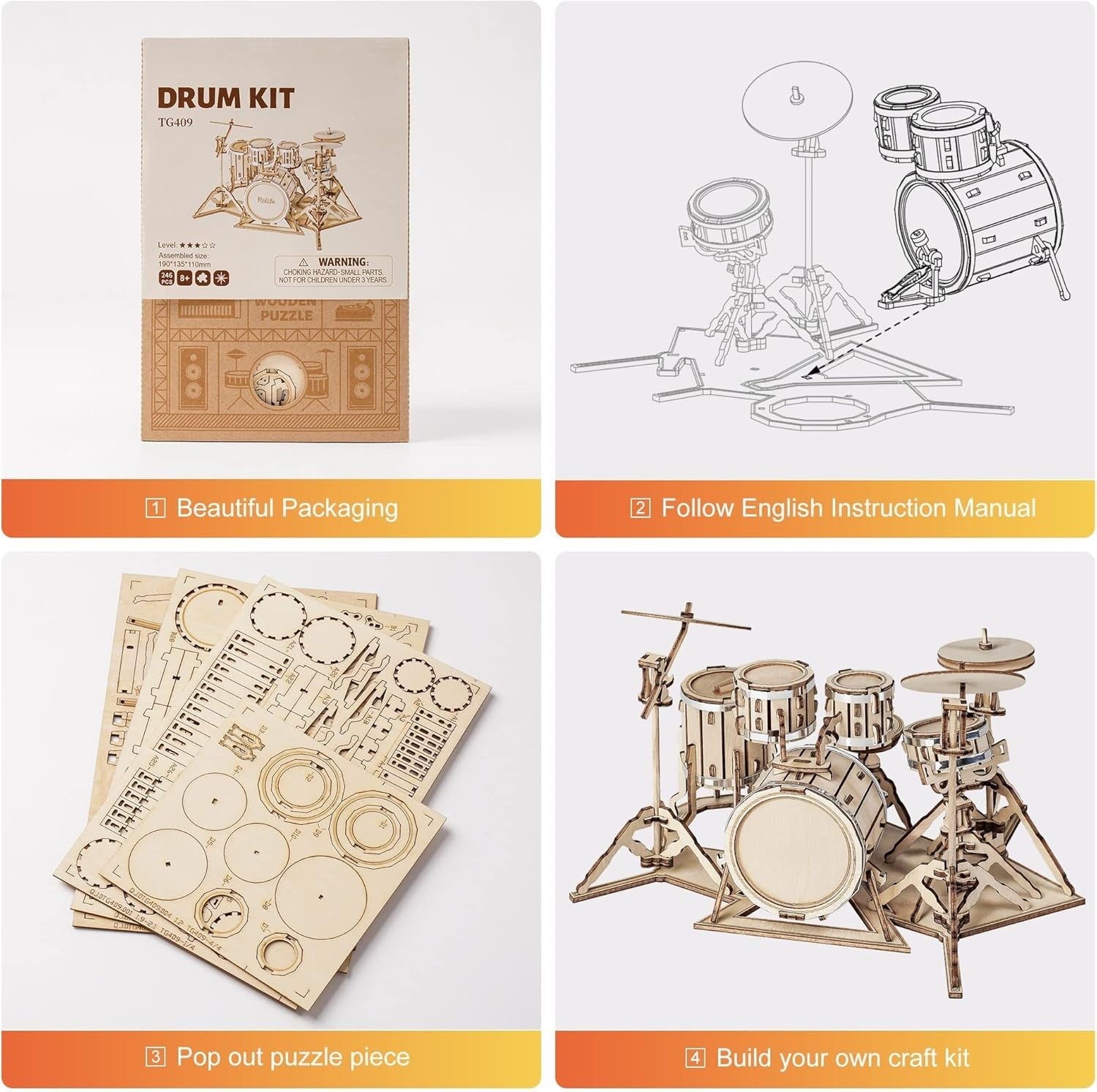 3D Wooden Drum Kit Puzzle – Mini Musical DIY Model for Adults & Kids Gift