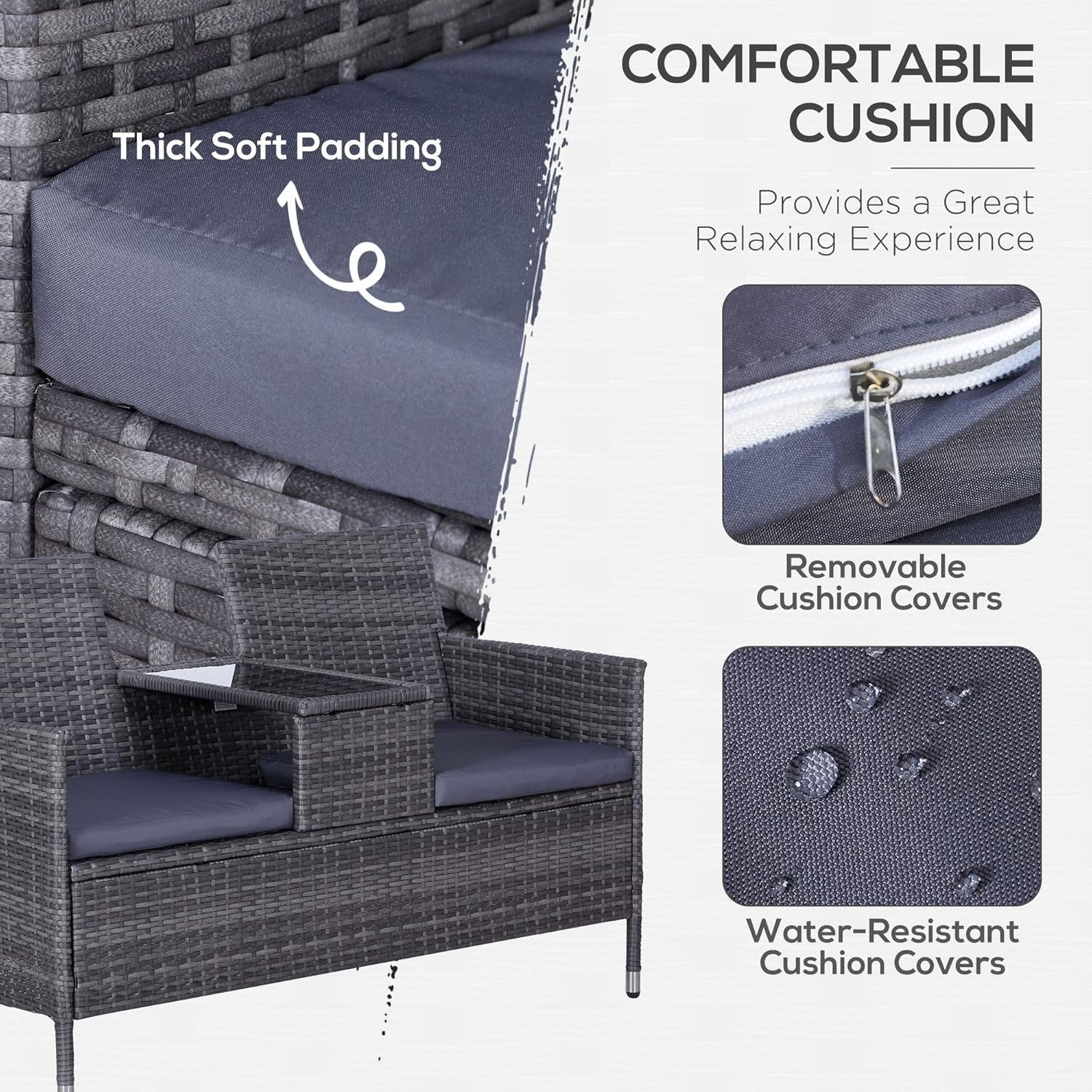 2-Seater Outdoor Rattan Garden Sofa with Cushions & Table, Grey Patio