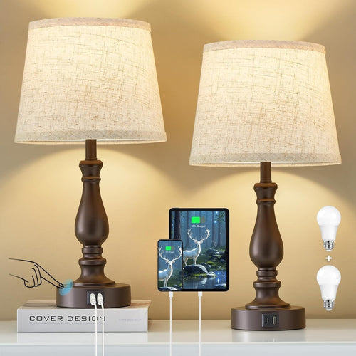 Touch Dimmable Bedside Table Lamps with Dual USB Charging, Set of 2