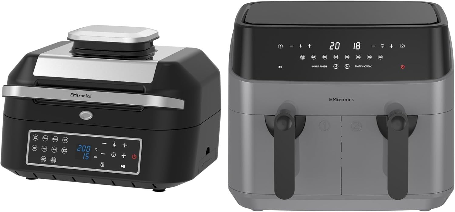 Grey Dual Air Fryer Set 9L Double Drawer + 6.3L Grill Temp Probe 60m