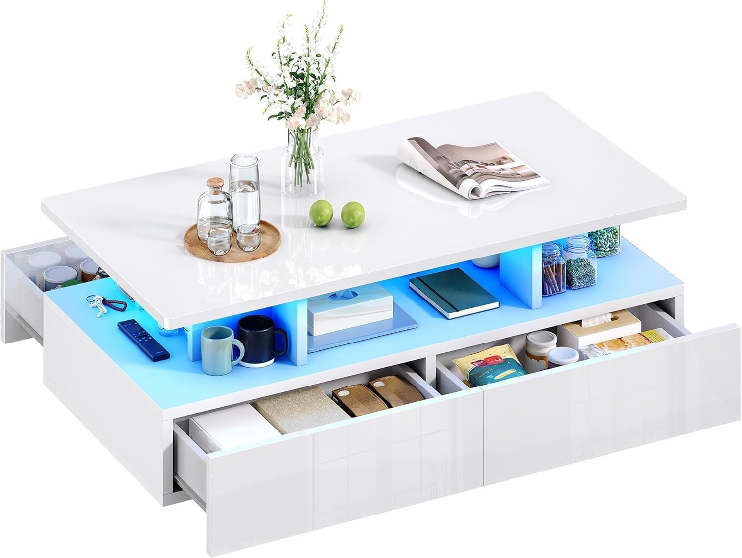 Modern High Gloss Coffee Table with 4 Drawers & 16-Color LED Lights, 90cm