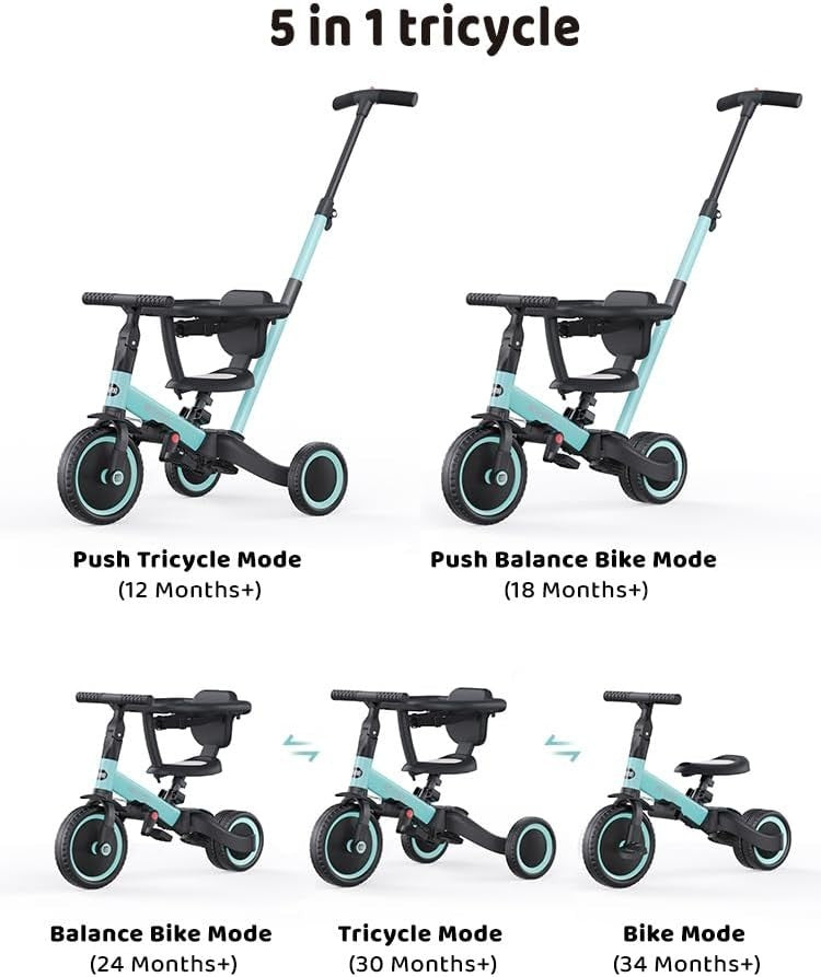 5 in 1 Toddler Tricycle Balance Bike Push Trike w Parent Handle Blue