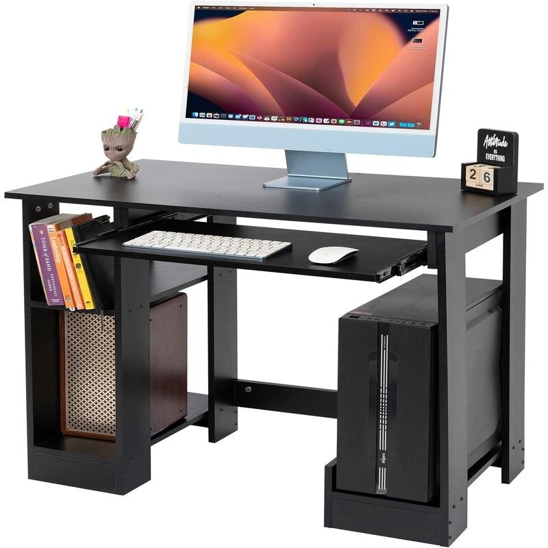 Compact Black Office Desk 90cm with Keyboard Tray & Shelves for PC Laptop
