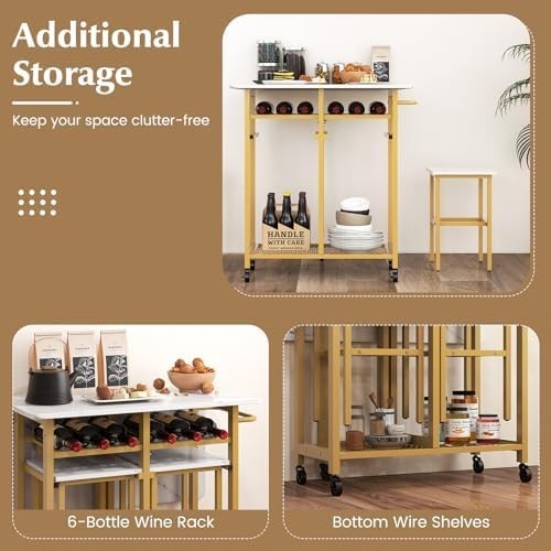 Foldable Drop Leaf Dining Table Set with Stools Wine Rack Shelves & Wheels