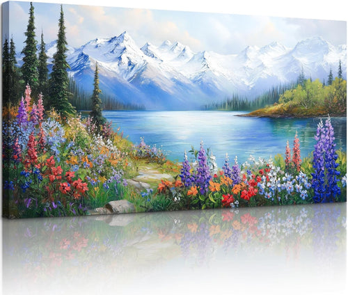 Large Landscape Canvas Wall Art Mountain Lake Floral Print XXL Modern Home Decor