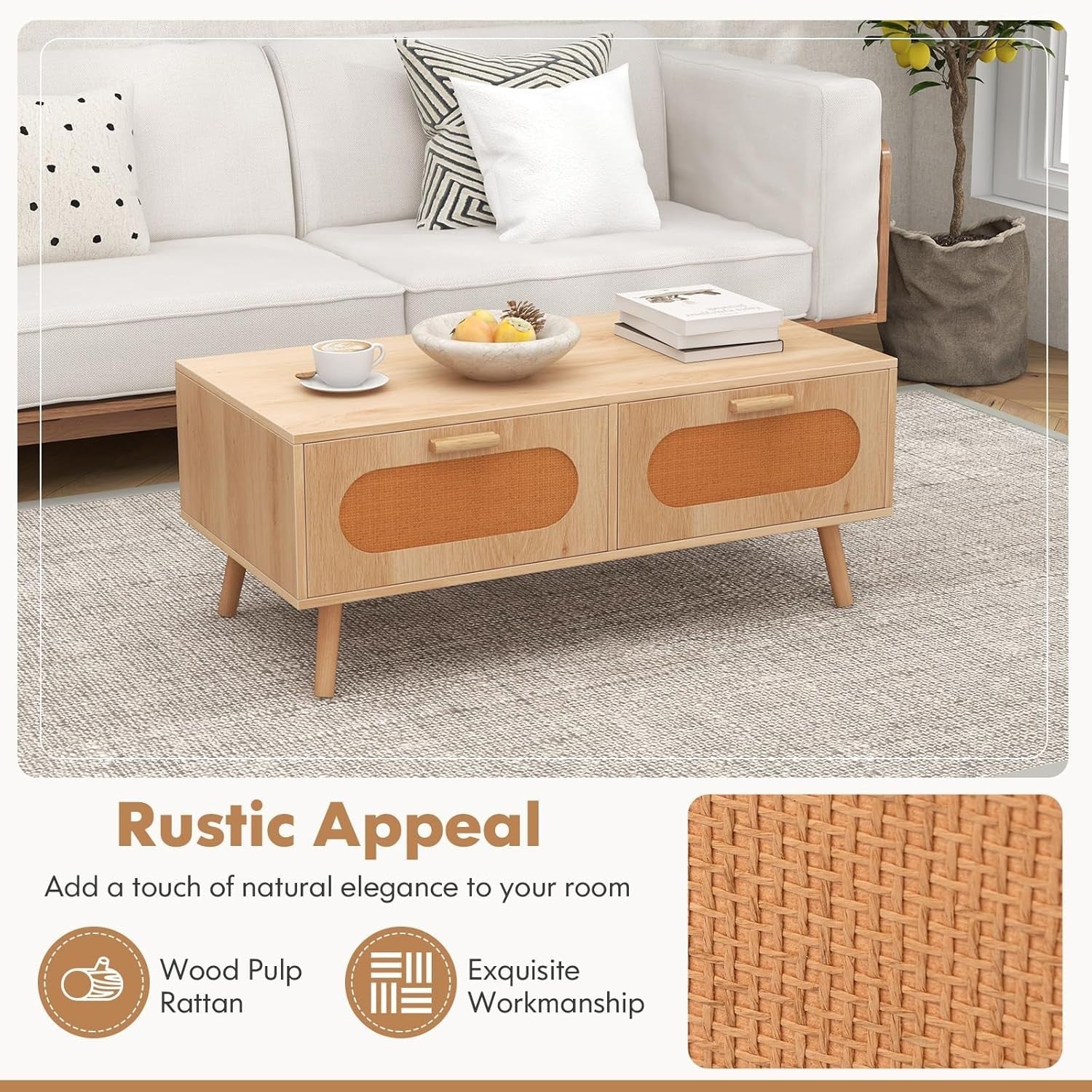 Wooden Coffee Table with 2 Rattan Drawers Storage & Solid Wood Legs 100x50x41cm