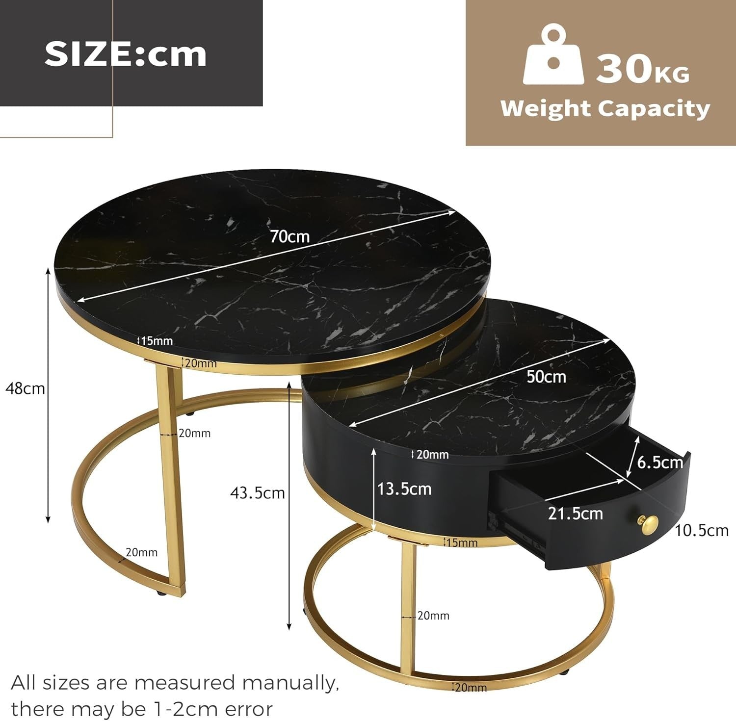 Nested Coffee Tables Set of 2 Black Drawer Round Modern End Side Living Room