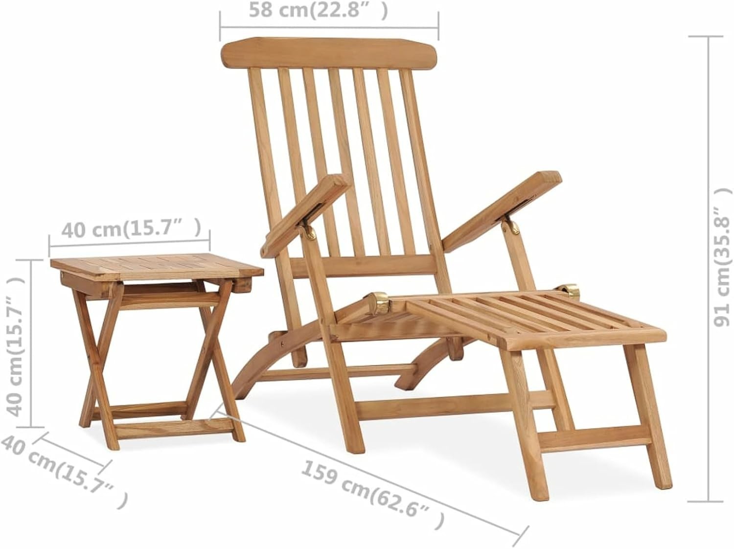 Durable Teak Wood Garden Deck Chair with Footrest & Table Outdoor Lounge