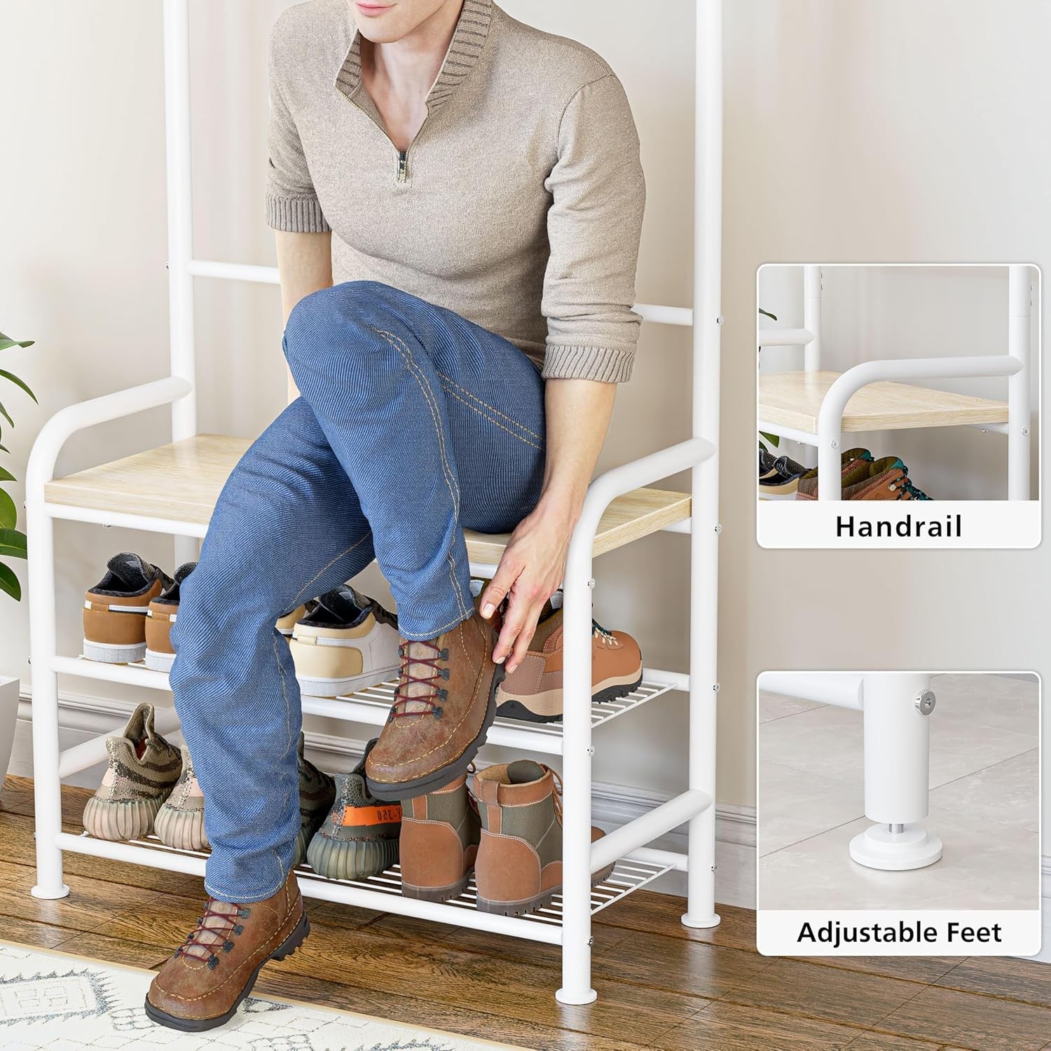 White Oak Coat Rack with Bench 4-in-1 Hall Tree Shoe Storage Stand 182cm