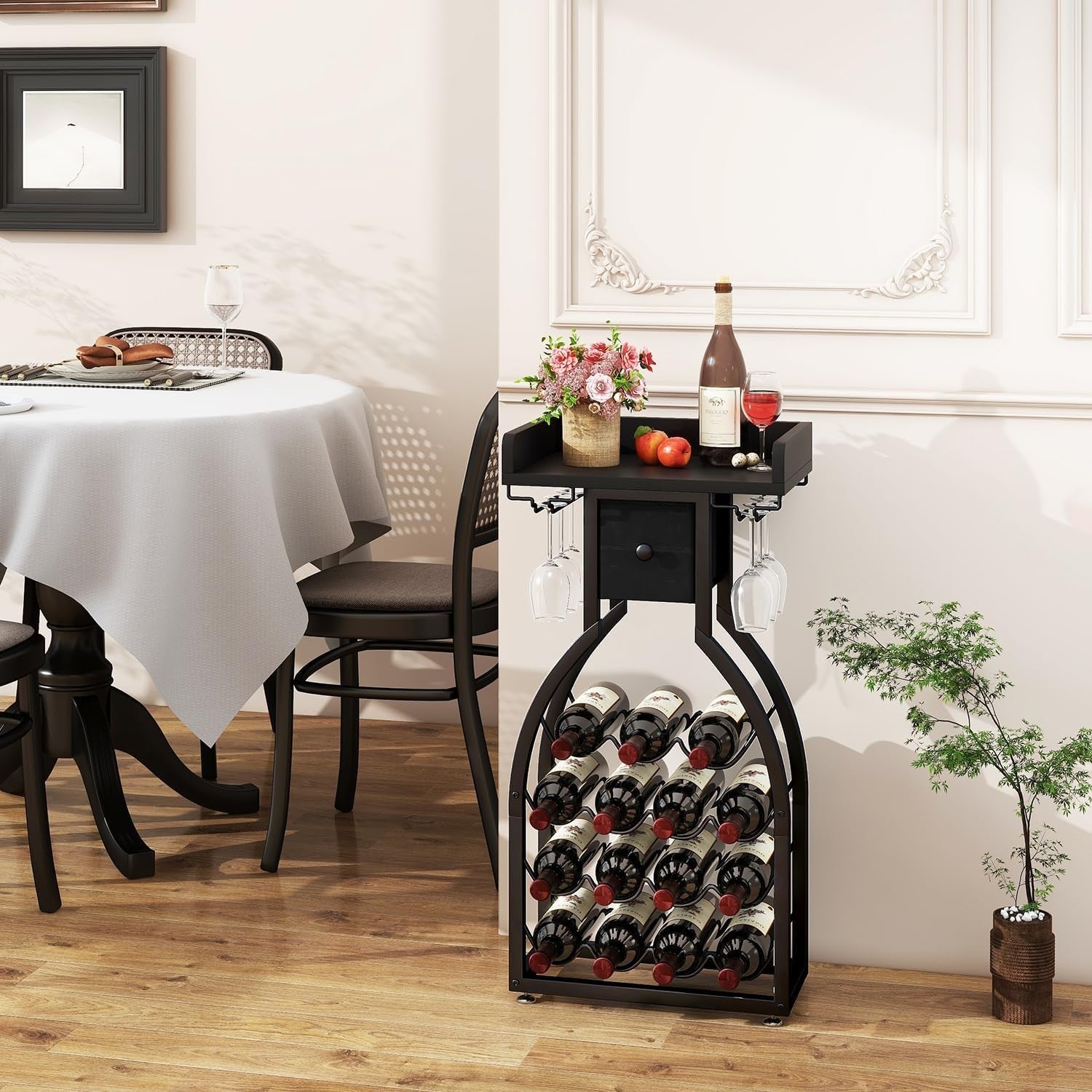 Freestanding Wine Rack 15 Bottle Storage with Glass Holder & Drawer Home Bar