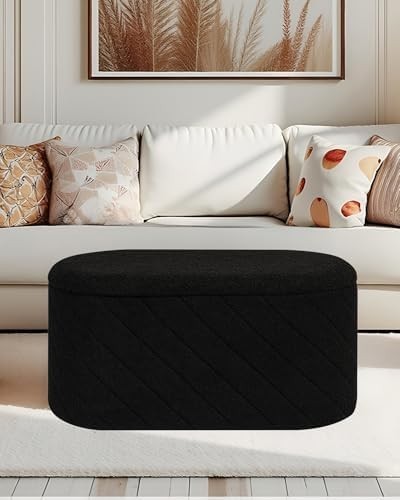 Black Oval Storage Ottoman Bench 3-in-1 Footrest Seat with Hidden Storage