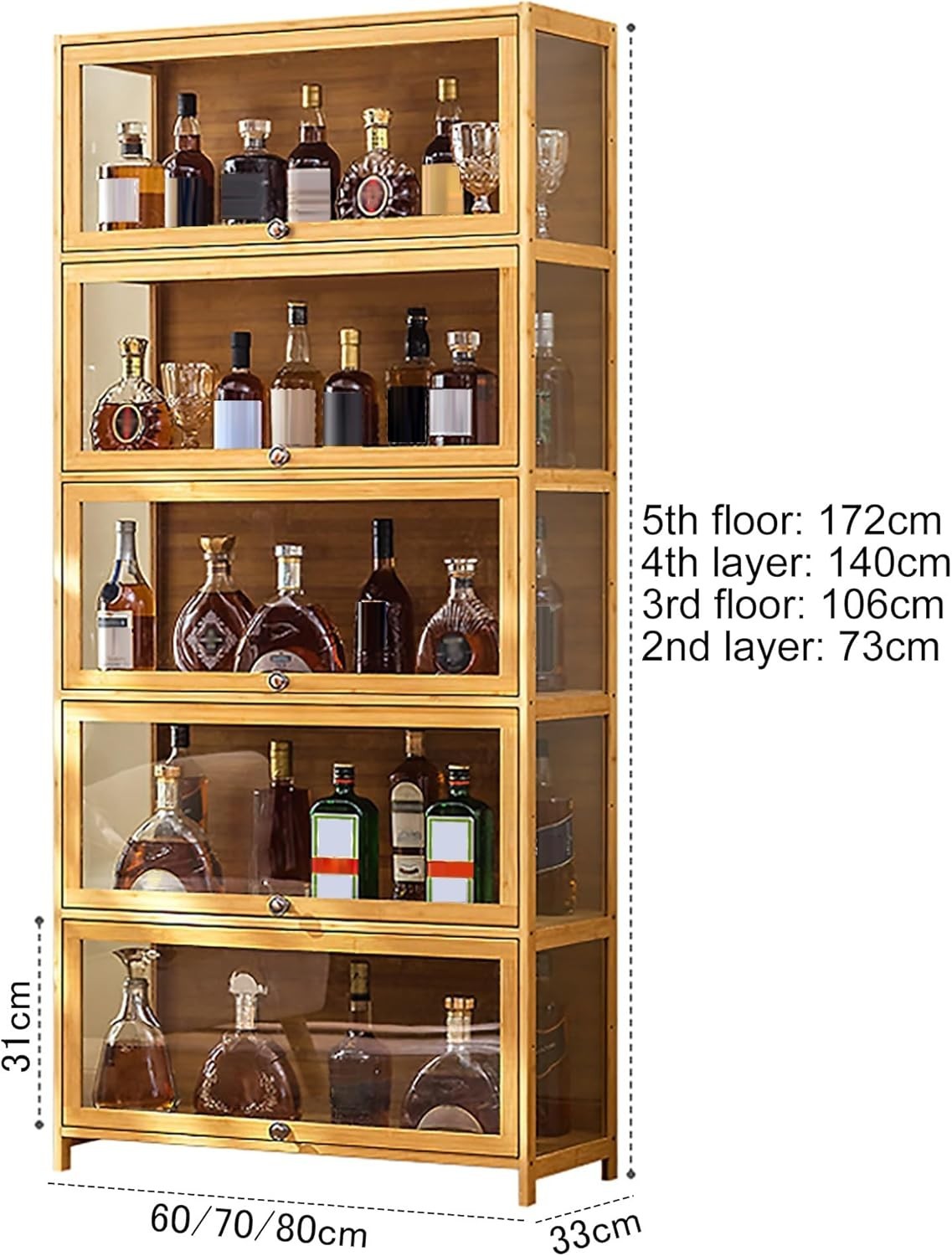 Glass Liquor Cabinet with Doors Display Storage | Tall Wood Bar Drinks Shelf