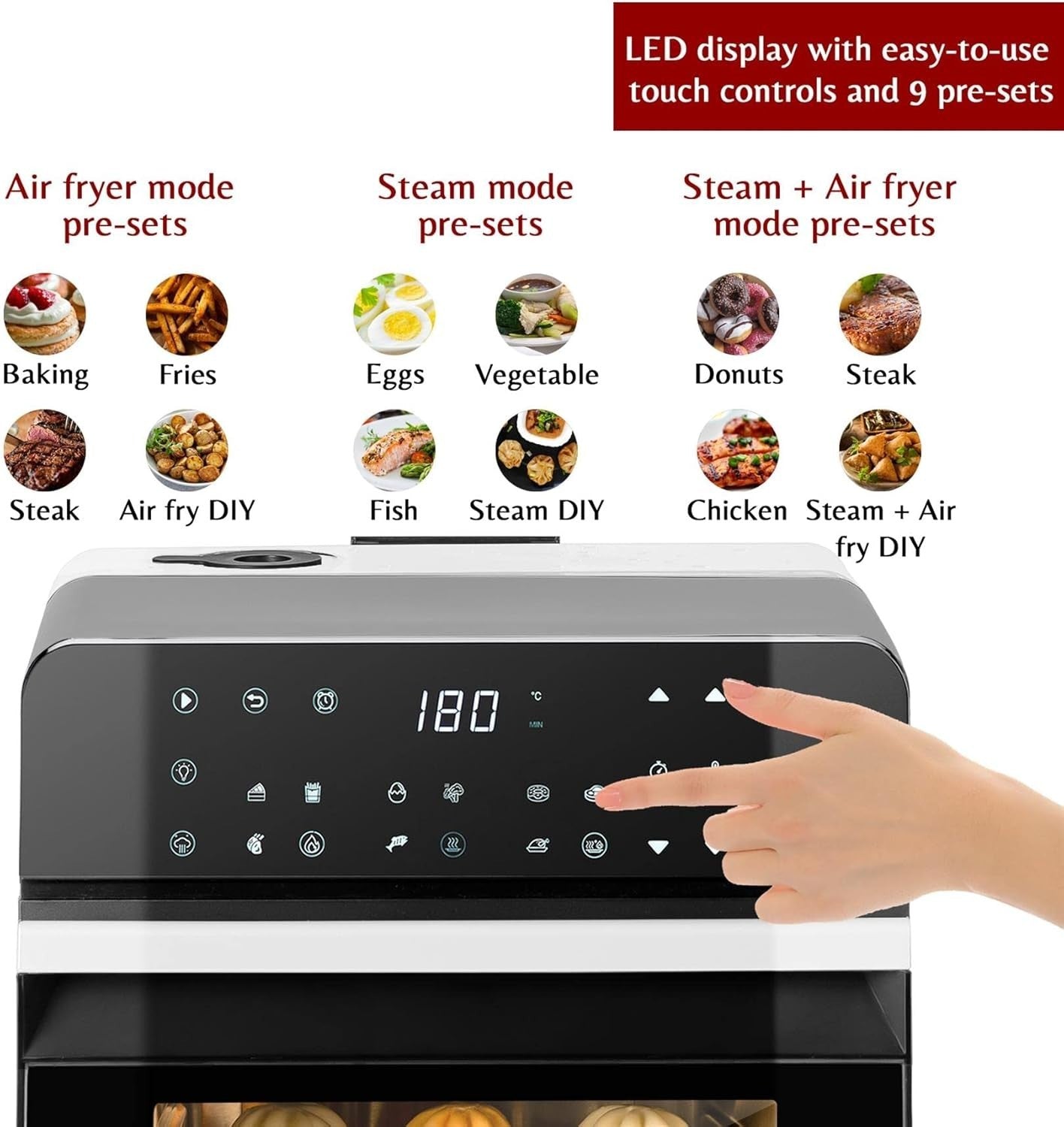 11L Steam Air Fryer Oven 9 Presets Touch LED 1150ml Water Tank No PFOA