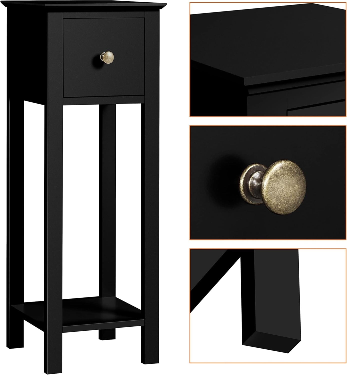 Set of 2 Black Slim Tall Bedside Tables with Drawer & Shelf – Narrow 25x25x70cm