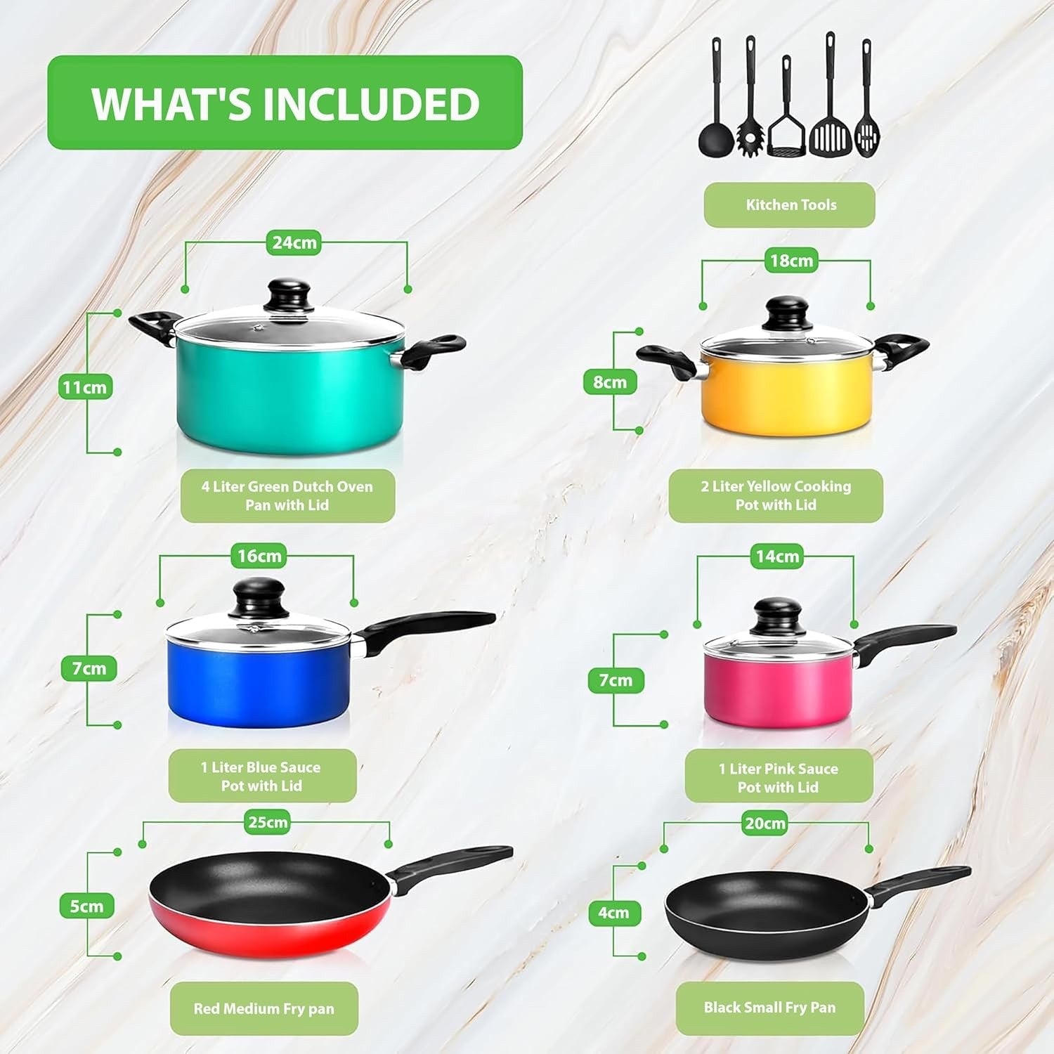 15pcs Colourful Non Stick Cookware Set – Induction Compatible Utensils Included
