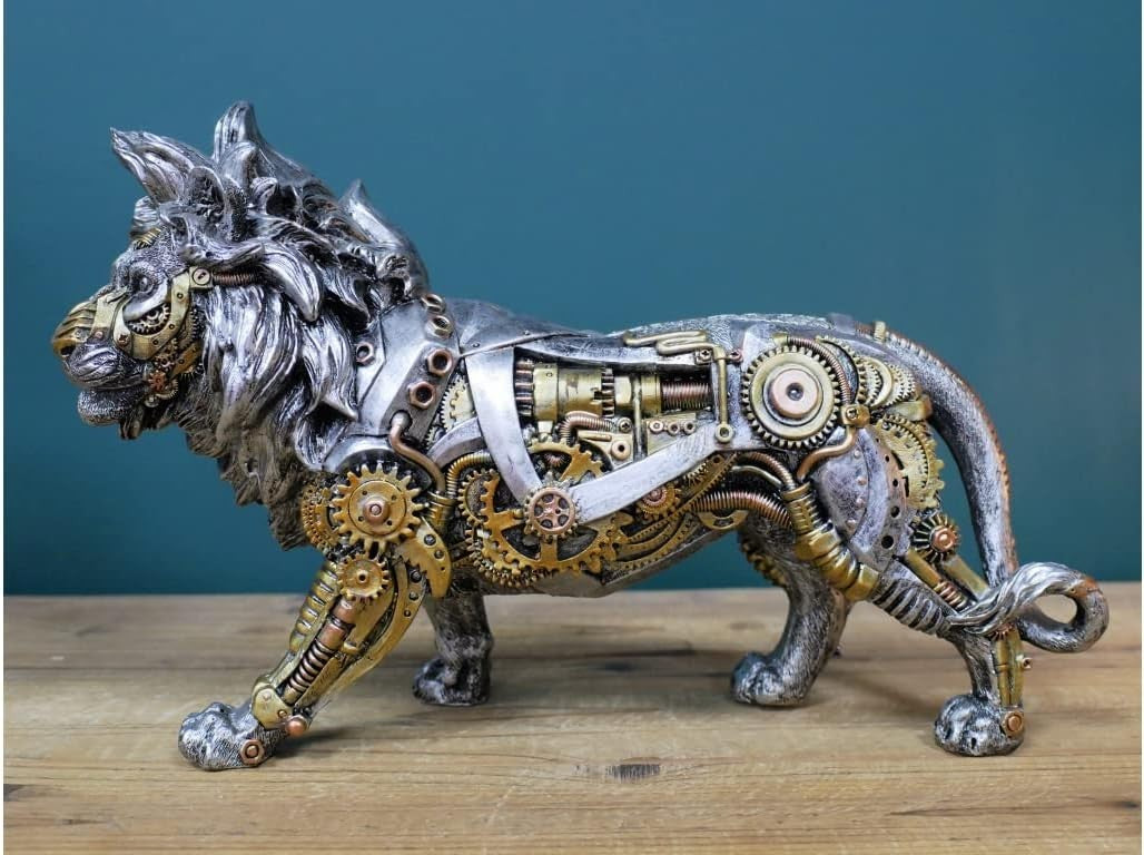 Steampunk Lion Ornament Resin Figurine Gold Silver Cogs Detail Home Decor Gift