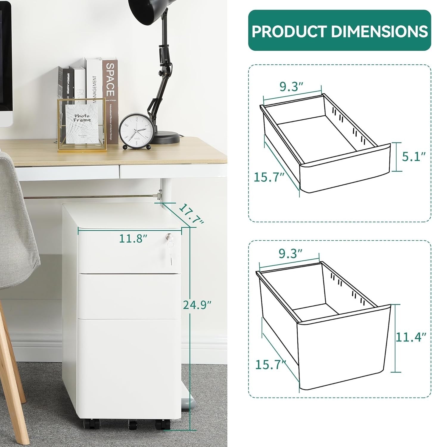 3 Drawer Metal Filing Cabinet Slim Mobile Lockable A4 Letter Legal