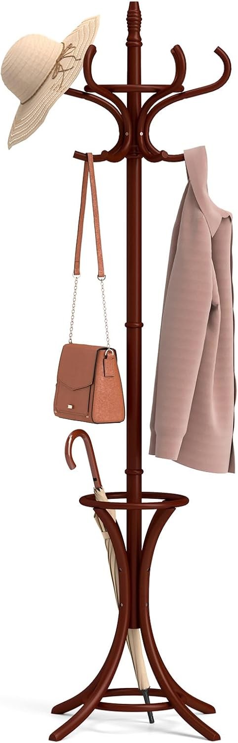 Wooden Coat Rack Stand 12 Hooks & Umbrella Holder | 73” Freestanding Hall Tree