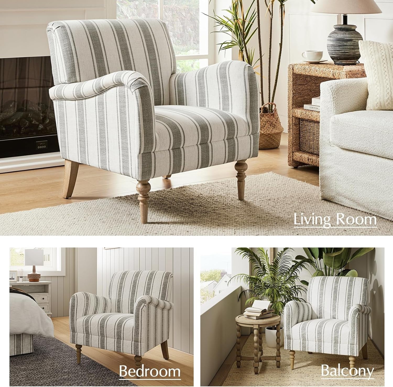Set of 2 Upholstered Accent Armchairs Wood Legs Striped Chairs for Lounge