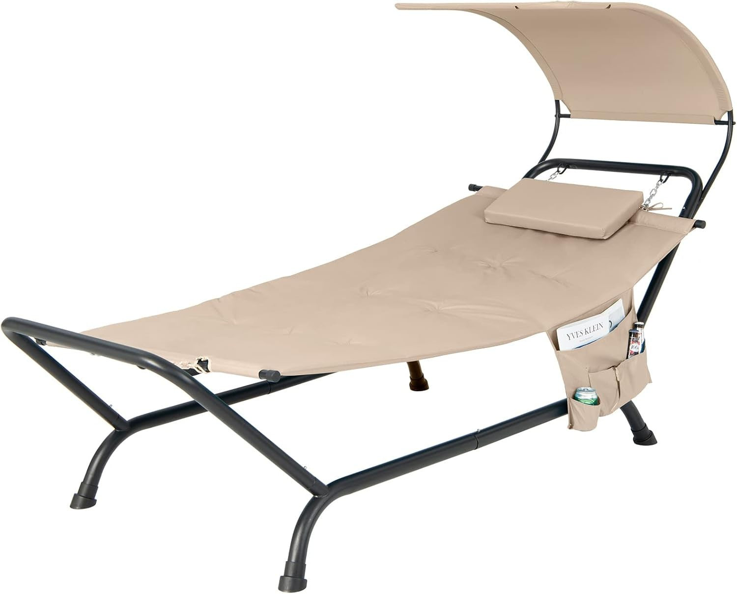 Beige Outdoor Hammock with Stand, Canopy & Cushion, Patio Swing Lounger