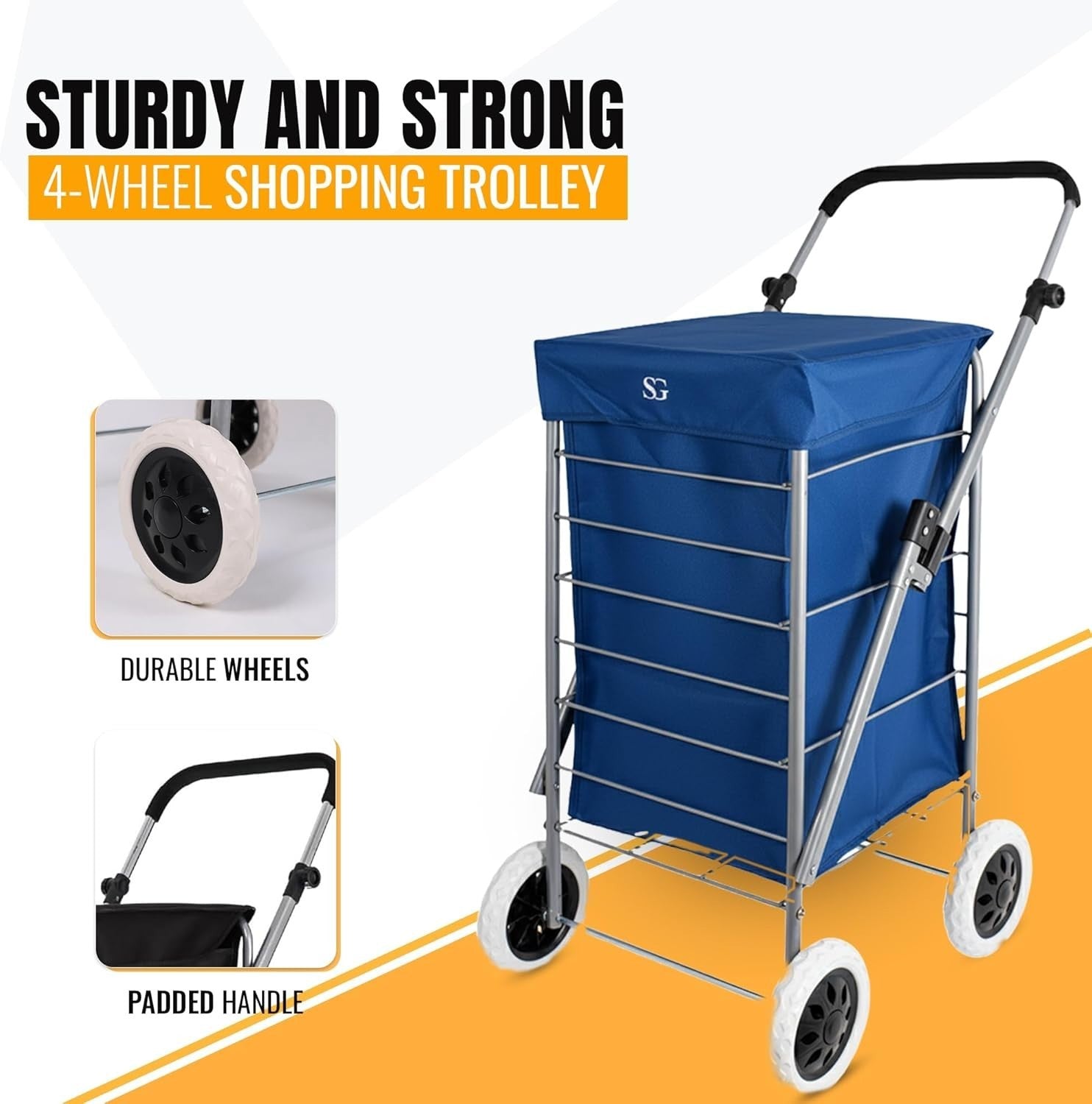 Foldable 4-Wheel Shopping Trolley Cart with Removable Bag - Heavy Duty Blue