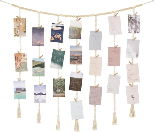 Boho Macrame Photo Display with 45 Clips – Wall Hanging Decor