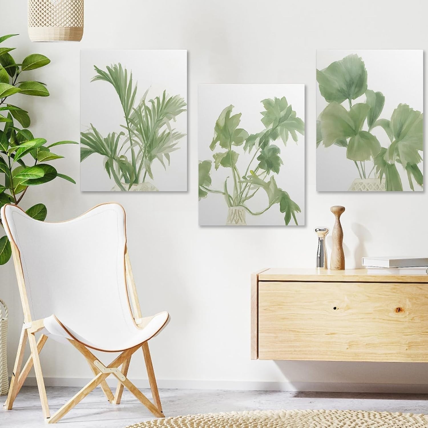 Green Botanical Wall Art Set of 3 Framed Canvas 12x16in