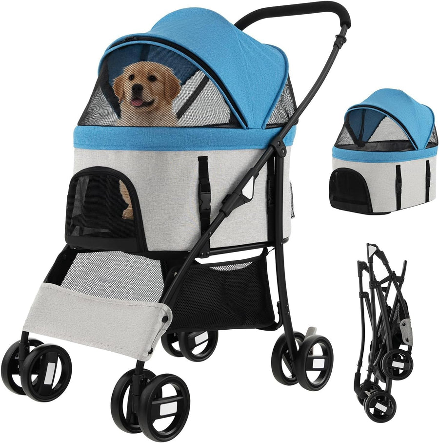 3 in 1 Pet Stroller Folding Dog Pushchair Detachable Carrier 4 Wheel